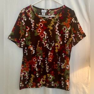 Jaclyn Smith Brown & Orange Floral Print Stretchy Top Size L